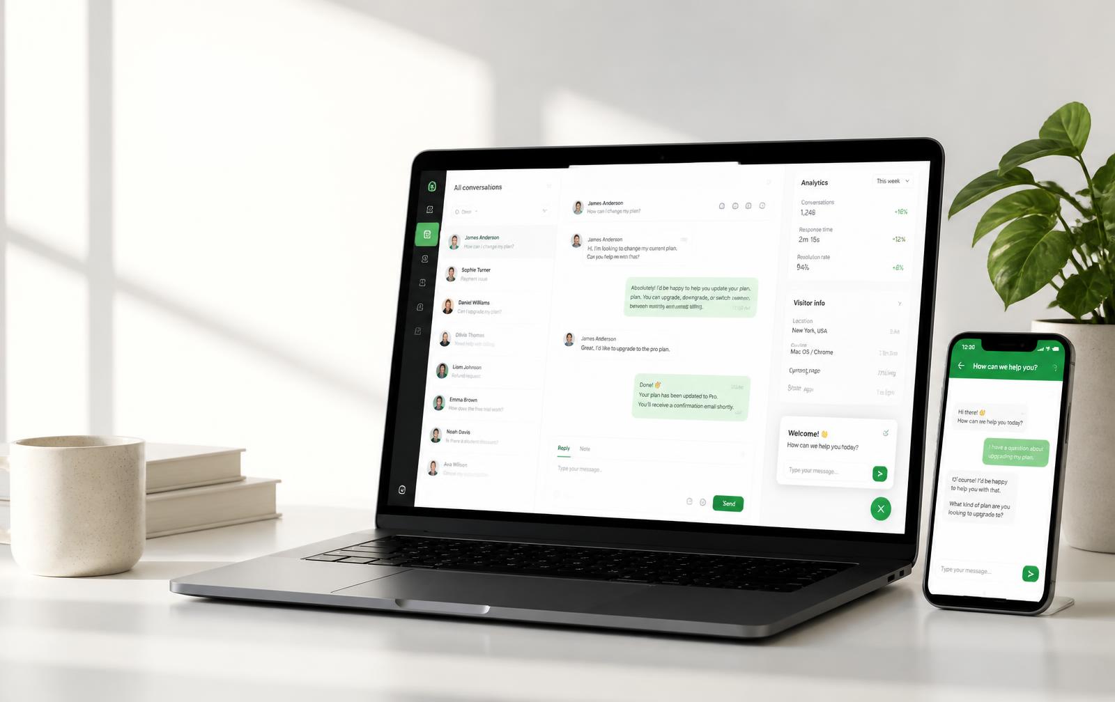 ChatFlow inbox and live chat widget on a laptop and phone